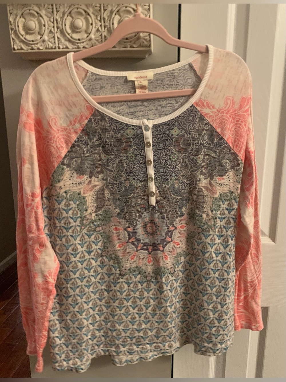 Sundance Blue and Coral Boho Print Henley Top - XL